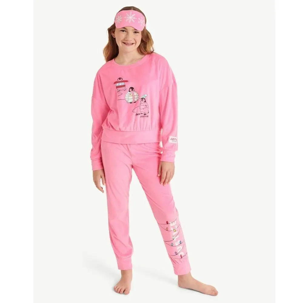 NWT Justice 3 Pcs Pink XL (16-18) Long Sleeve Top, Jogger & Eyemask, Pajama Set